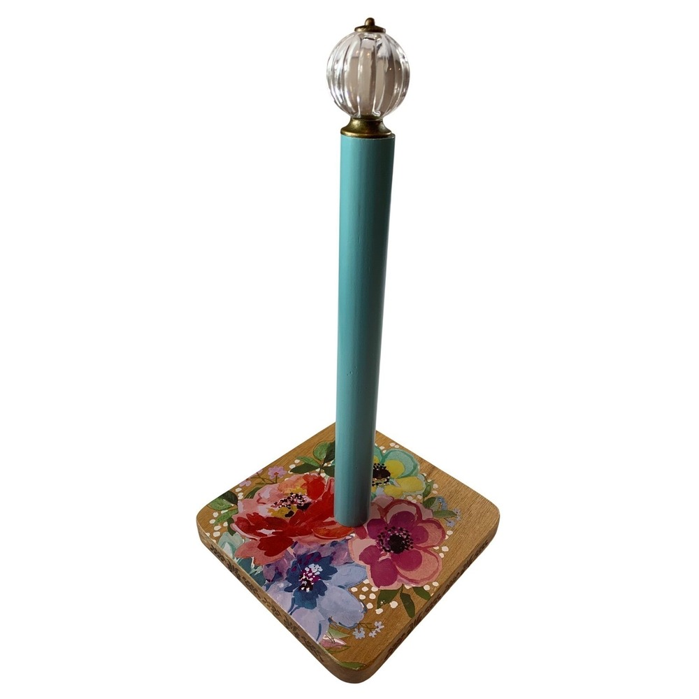 Pioneer Woman Floral Wooden Paper Towel Holder Teal Wood Base Acrylic Finial - Picture 3 of 11